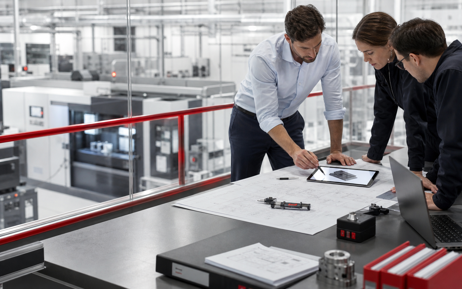 Cadrage de projet industriel sur plans techniques et tablette dans un environnement de production clair avec rails et marqueurs rouges